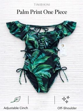 TiniBikini Palm Print One Piece Cutout Cinch S Off Shoulder NWT